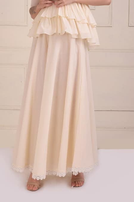 Buy Shwetanga Ivory Cotton Embroidery, Lace Square Neck Organic Tiered Top And Sharara Set Buy_Shwetanga_Ivory Cotton Embroidery, Lace Square Neck Organic Tiered Top And Sharara Set