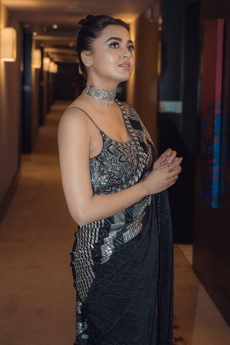 Kaaisha By Shalini_Black Lycra And Silk Embroidery Cutdana & Sequin Scoop Neck Saree With Blouse_at_Aza_Fashions