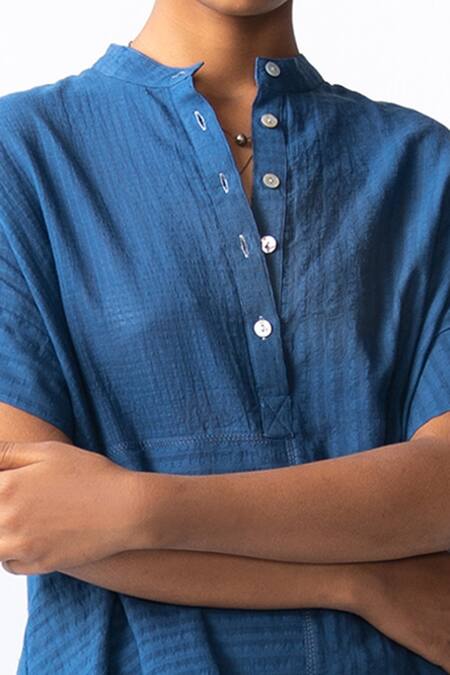 Shop_Urvashi Kaur_Blue Cotton Mandarin Collar Striped Top _Online_at_Aza_Fashions