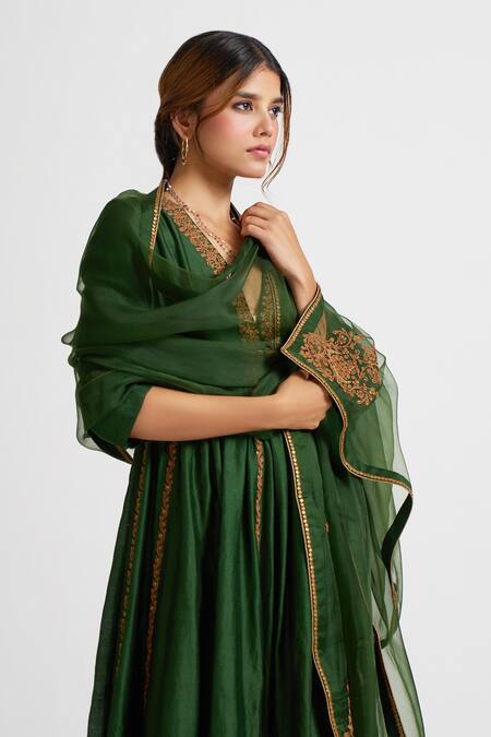 Shop Nishar Ahmed Green Organza, Chanderi Silk V Neck Anarkali Set Online at Aza Fashions Shop_Nishar Ahmed_Green Organza, Chanderi Silk V Neck Anarkali Set_Online_at_Aza_Fashions
