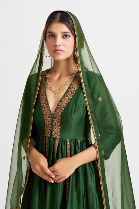 Nishar Ahmed Green Organza, Chanderi Silk V Neck Anarkali Set at Aza Fashions Nishar Ahmed_Green Organza, Chanderi Silk V Neck Anarkali Set_at_Aza_Fashions