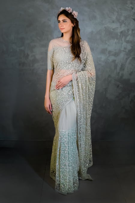 Shop COUTURE BY NIHARIKA Green Net Round Embroidered Saree With Blouse at Aza Fashions Shop_COUTURE BY NIHARIKA_Green Net Round Embroidered Saree With Blouse_at_Aza_Fashions