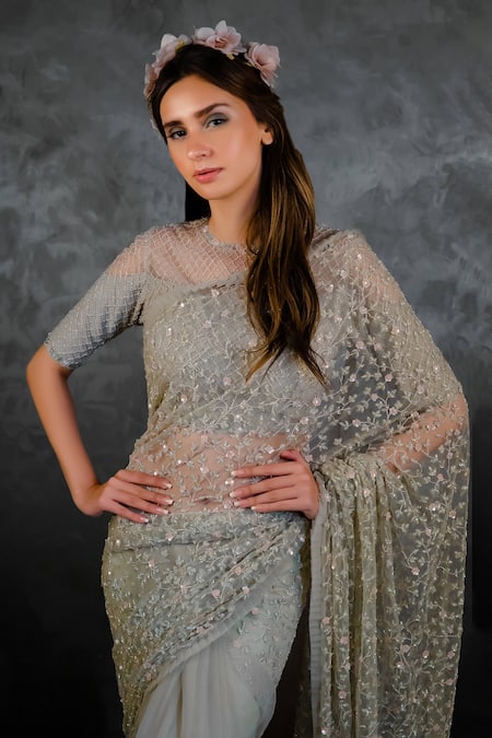 COUTURE BY NIHARIKA Green Net Round Embroidered Saree With Blouse Online at Aza Fashions COUTURE BY NIHARIKA_Green Net Round Embroidered Saree With Blouse_Online_at_Aza_Fashions