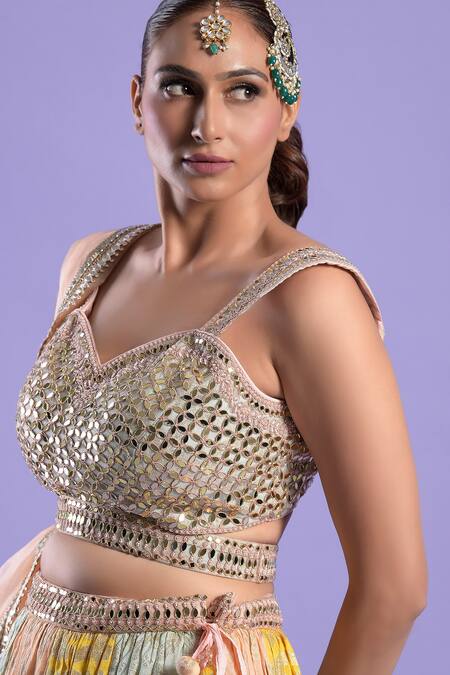 Buy Two Sisters By Gyans Multi Color Mirror, Sequin And Zari Work Banarasi Embroidered Lehenga Set Online at Aza Fashions Buy_Two Sisters By Gyans_Multi Color Mirror, Sequin And Zari Work Banarasi Embroidered Lehenga Set _Online_at_Aza_Fashions