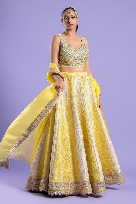 Two Sisters By Gyans_Yellow Mirror, Sequin And Zari Work V Neck Banarasi Embroidered Lehenga Set _Online_at_Aza_Fashions