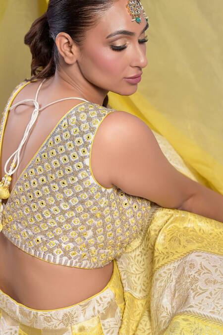Shop_Two Sisters By Gyans_Yellow Mirror, Sequin And Zari Work V Neck Banarasi Embroidered Lehenga Set _Online_at_Aza_Fashions
