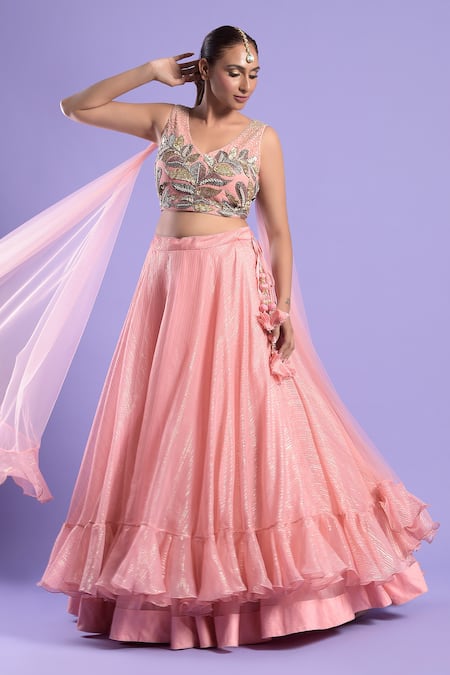 Two Sisters By Gyans_Pink Blouse Net, Lehenga Woven Silk Tissue Sequin, Cutdana And Pearl & Set_Online_at_Aza_Fashions