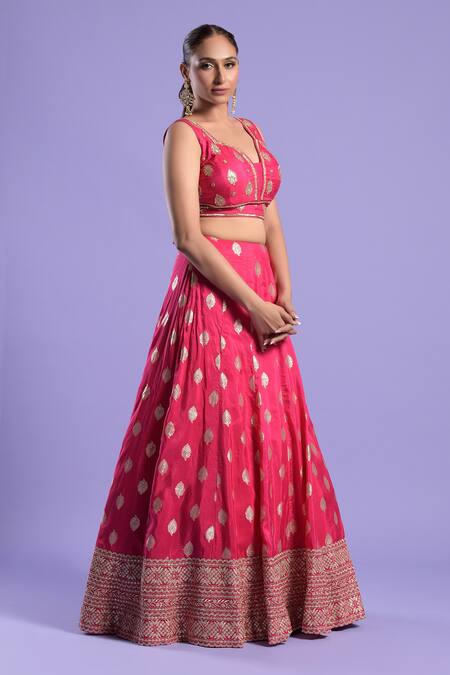 Two Sisters By Gyans_Fuchsia Banarasi, Dupatta Organza Zari Work V Neck Lehenga Set_Online_at_Aza_Fashions