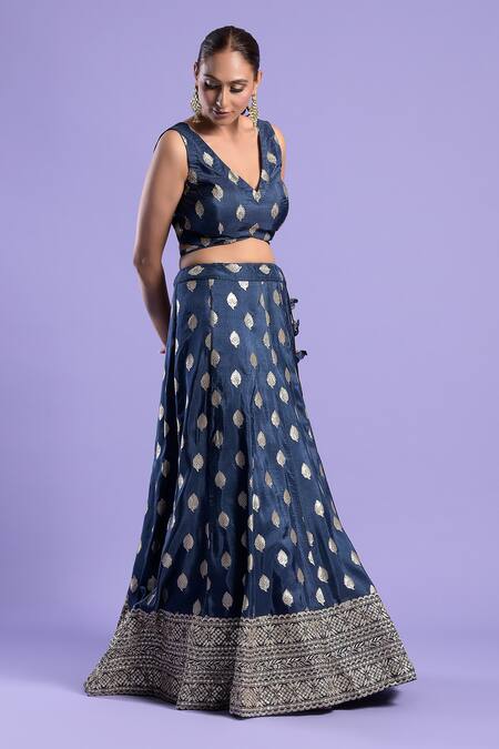 Two Sisters By Gyans_Blue Georgette, Dupatta Net Zari And Sequin Work V Neck Lehenga Set_Online_at_Aza_Fashions