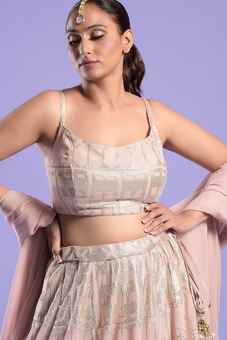 Buy_Two Sisters By Gyans_Green Organza, Blouse Net Sequin Work U Neck Embroidered Lehenga Set _Online_at_Aza_Fashions