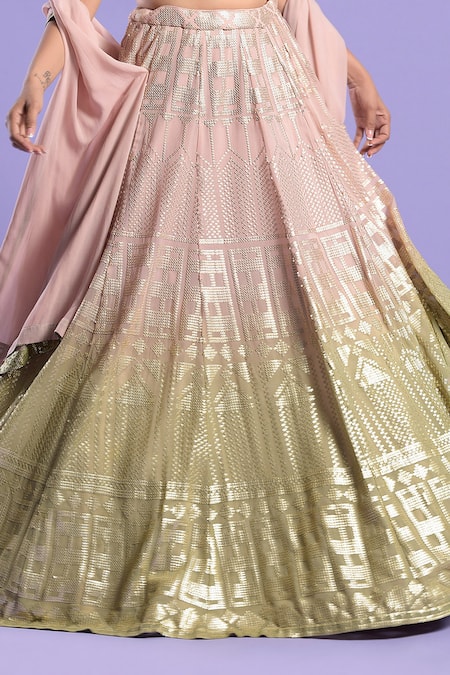 Shop_Two Sisters By Gyans_Green Organza, Blouse Net Sequin Work U Neck Embroidered Lehenga Set _Online_at_Aza_Fashions