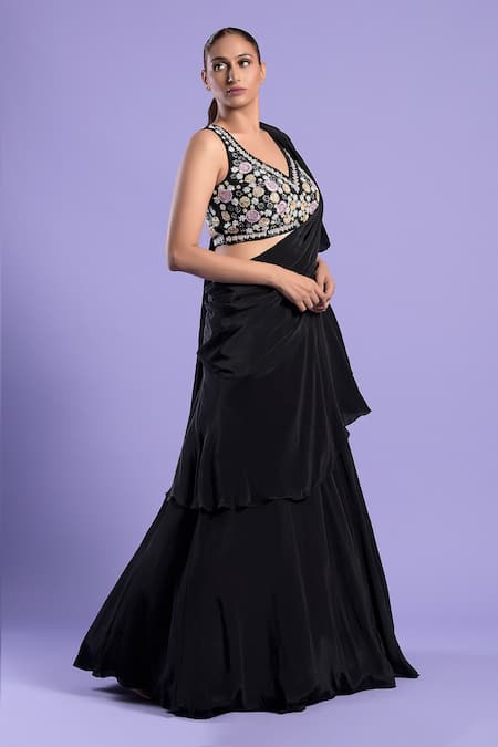 Two Sisters By Gyans_Black Crepe Resham, Cutdana And Sequin Embroidered Blouse & Lehenga Saree Set _Online_at_Aza_Fashions