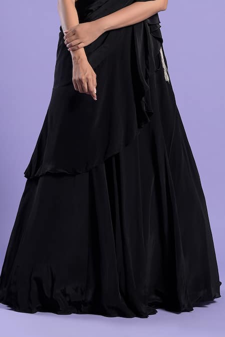 Shop_Two Sisters By Gyans_Black Crepe Resham, Cutdana And Sequin Embroidered Blouse & Lehenga Saree Set _Online_at_Aza_Fashions