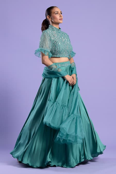 Two Sisters By Gyans_Green Blouse Net, Dupatta Organza, Lehenga Satin Silk Embroidered Set _Online_at_Aza_Fashions