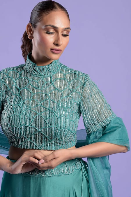 Buy_Two Sisters By Gyans_Green Blouse Net, Dupatta Organza, Lehenga Satin Silk Embroidered Set _Online_at_Aza_Fashions