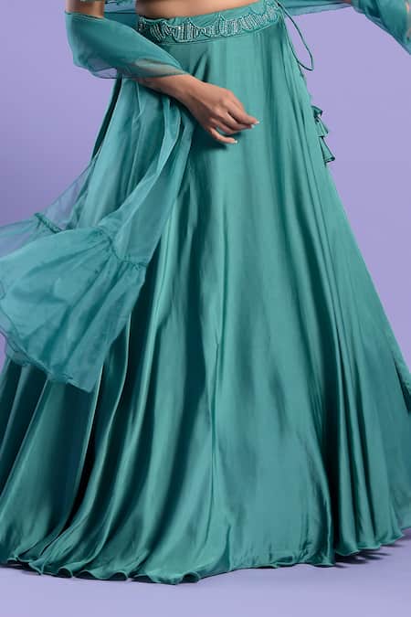 Shop_Two Sisters By Gyans_Green Blouse Net, Dupatta Organza, Lehenga Satin Silk Embroidered Set _Online_at_Aza_Fashions