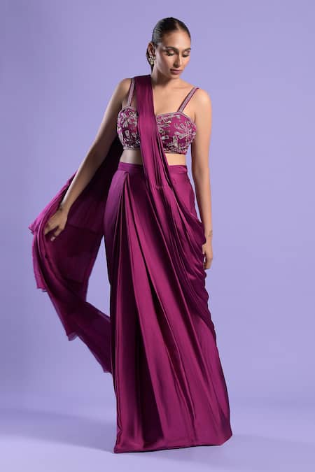 Two Sisters By Gyans Embroidered Blouse & Pre-Draped Saree Set 