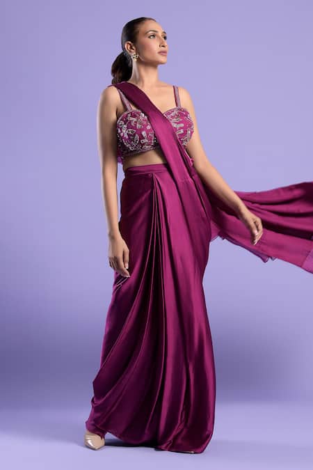 Two Sisters By Gyans Purple Blouse Crepe , Saree Satin Embroidered And Pre-draped Set Online at Aza Fashions Two Sisters By Gyans_Purple Blouse Crepe , Saree Satin Embroidered And Pre-draped Set _Online_at_Aza_Fashions