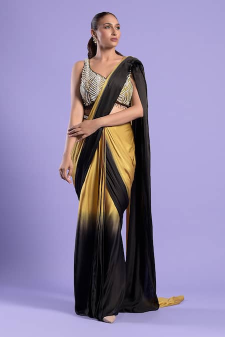 Two Sisters By Gyans Black Saree Satin Silk Embroidered Ombre Pre-draped And Blouse Set 