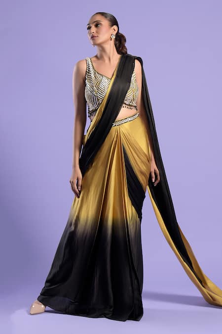 Two Sisters By Gyans_Black Blouse Crepe , Saree Satin Sequin Work Ombre Pre-draped And Set _Online_at_Aza_Fashions