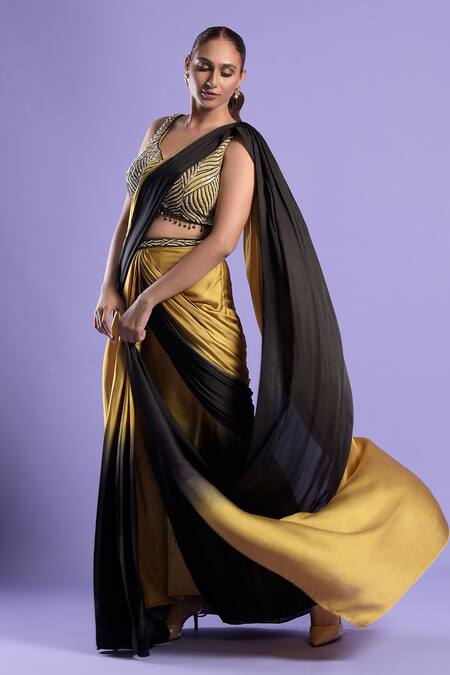 Buy_Two Sisters By Gyans_Black Blouse Crepe , Saree Satin Sequin Work Ombre Pre-draped And Set _Online_at_Aza_Fashions