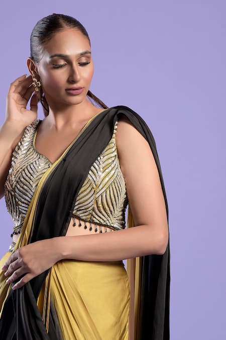 Shop_Two Sisters By Gyans_Black Blouse Crepe , Saree Satin Sequin Work Ombre Pre-draped And Set _Online_at_Aza_Fashions