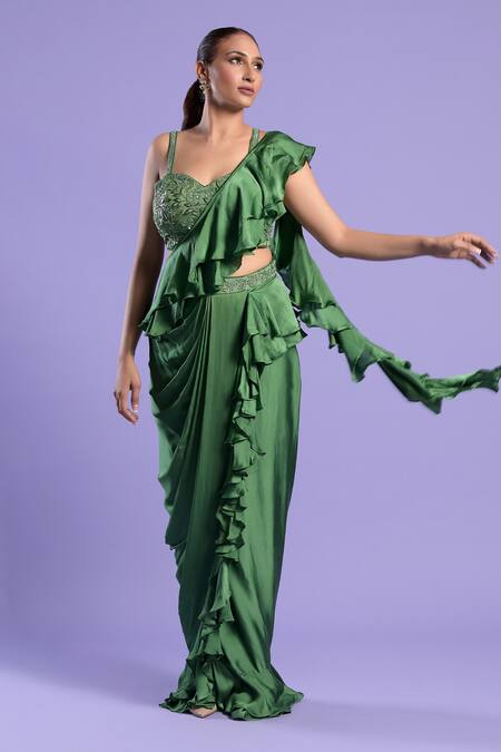 Two Sisters By Gyans Green Blouse Crepe , Saree Satin Embroidered And Pre-draped Set Online at Aza Fashions Two Sisters By Gyans_Green Blouse Crepe , Saree Satin Embroidered And Pre-draped Set _Online_at_Aza_Fashions
