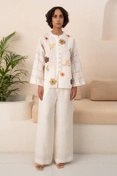 Arcvsh By Pallavi Singh Ivory Linen Embroidery Polo Collar Floral Bloom Print Shirt With Pant Online at Aza Fashions Arcvsh By Pallavi Singh_Ivory Linen Embroidery Polo Collar Floral Bloom Print Shirt With Pant _Online_at_Aza_Fashions