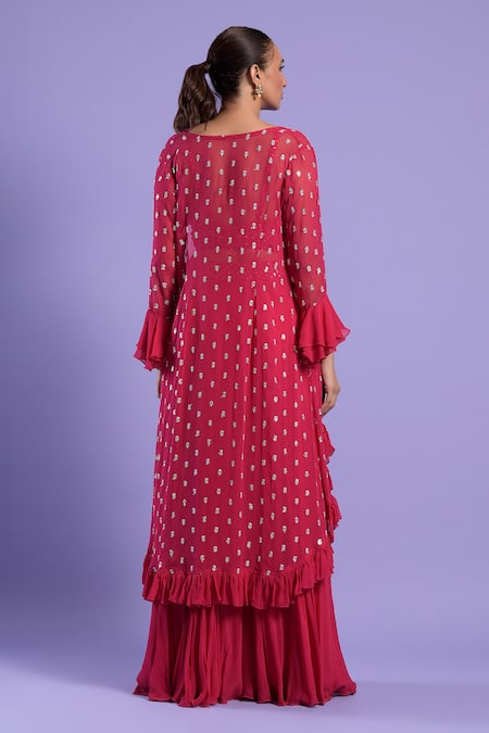 Shop Two Sisters By Gyans Fuchsia Georgette Sequin, Thread And Zari Work Cape Embroidered Palazzo Set at Aza Fashions Shop_Two Sisters By Gyans_Fuchsia Georgette Sequin, Thread And Zari Work Cape Embroidered Palazzo Set _at_Aza_Fashions