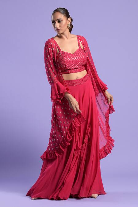Two Sisters By Gyans Fuchsia Georgette Sequin, Thread And Zari Work Cape Embroidered Palazzo Set Online at Aza Fashions Two Sisters By Gyans_Fuchsia Georgette Sequin, Thread And Zari Work Cape Embroidered Palazzo Set _Online_at_Aza_Fashions