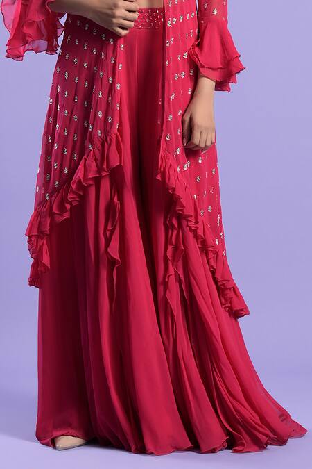 Shop Two Sisters By Gyans Fuchsia Georgette Sequin, Thread And Zari Work Cape Embroidered Palazzo Set Online at Aza Fashions Shop_Two Sisters By Gyans_Fuchsia Georgette Sequin, Thread And Zari Work Cape Embroidered Palazzo Set _Online_at_Aza_Fashions
