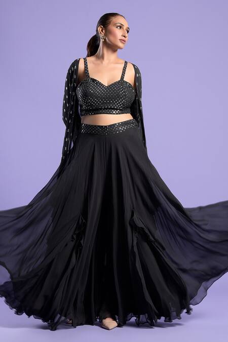 Buy_Two Sisters By Gyans_Black Georgette Sequin, Thread And Zari Work Cape Open, Embroidered Palazzo Set _Online_at_Aza_Fashions