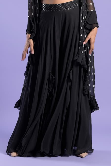 Shop_Two Sisters By Gyans_Black Georgette Sequin, Thread And Zari Work Cape Open, Embroidered Palazzo Set _Online_at_Aza_Fashions
