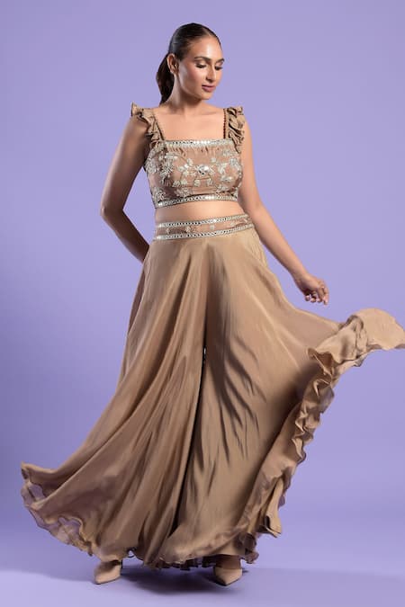 Two Sisters By Gyans_Gold Crepe Silk Zari And Mirror Work Square Neck Embroidered Top Palazzo Set _Online_at_Aza_Fashions