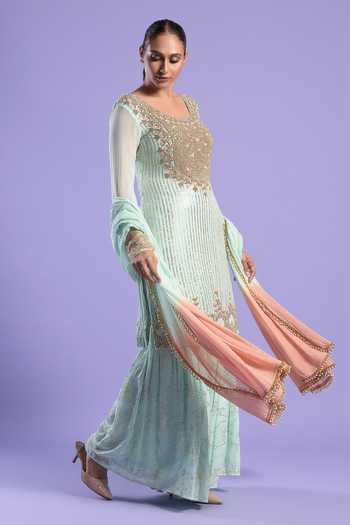Two Sisters By Gyans_Green Georgette Mukaish, Resham, Sequin And Bead Embroidered Kurta Gharara Set _Online_at_Aza_Fashions