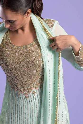 Buy_Two Sisters By Gyans_Green Georgette Mukaish, Resham, Sequin And Bead Embroidered Kurta Gharara Set _Online_at_Aza_Fashions