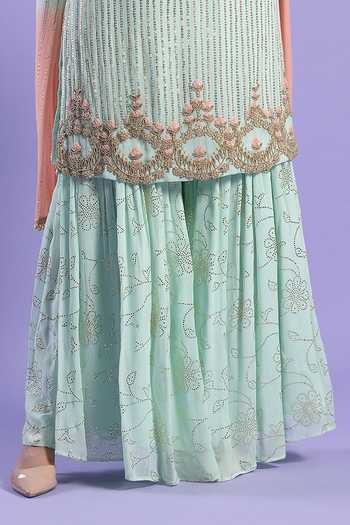 Shop_Two Sisters By Gyans_Green Georgette Mukaish, Resham, Sequin And Bead Embroidered Kurta Gharara Set _Online_at_Aza_Fashions