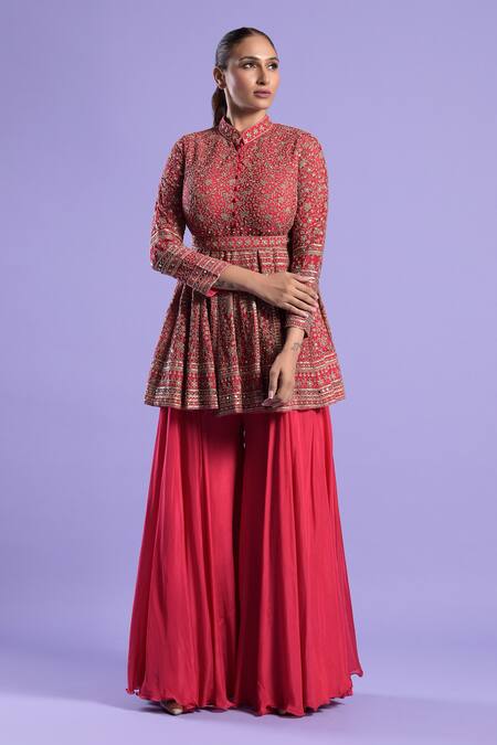 Two Sisters By Gyans_Crepe Silk Embroidered Peplum Kurta Gharara Set_Online_at_Aza_Fashions