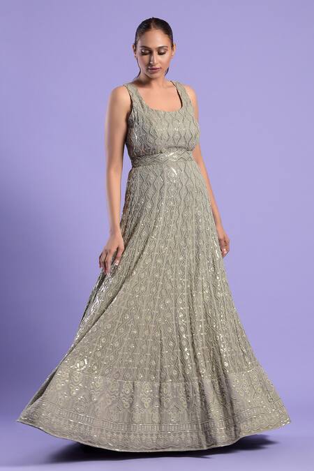 Two Sisters By Gyans_Grey Resham And Sequin Work U Neck Floral Embroidered Gown _Online_at_Aza_Fashions