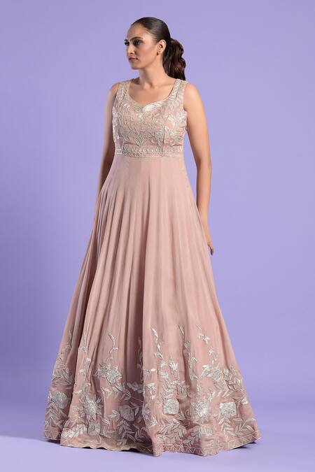 Two Sisters By Gyans_Pink Crepe Silk Resham Work U Neck Embroidered Anarkali With Dupatta _Online_at_Aza_Fashions