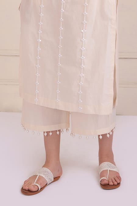 Shop_Shwetanga_Ivory Cotton Beads, Embroidery Round Neck Organic Kurta Set _Online_at_Aza_Fashions