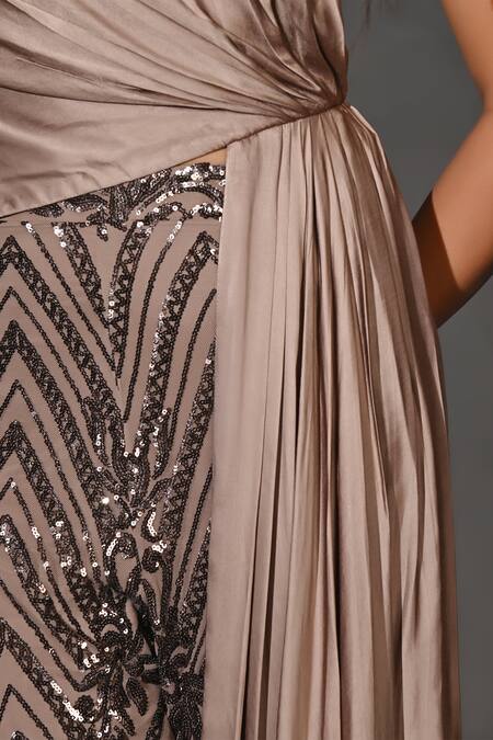 Shop_Jyoti Sachdev Iyer_Grey Velvet, Cotton Sequins, Feathers One Shoulder Asymmetric Top And Pant Set _Online_at_Aza_Fashions