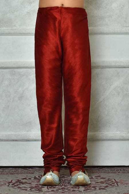 Petite Pomme_Cream Denim, Silk Embroidery Dupion Art Kurta And Churidar Set _at_Aza_Fashions