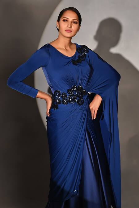 Jyoti Sachdev Iyer_Blue Lycra Sequins Embroidered Draped Saree _Online_at_Aza_Fashions