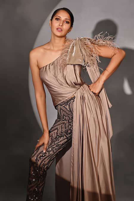 Buy_Jyoti Sachdev Iyer_Grey Velvet, Cotton Sequins, Feathers One Shoulder Asymmetric Top And Pant Set _Online_at_Aza_Fashions