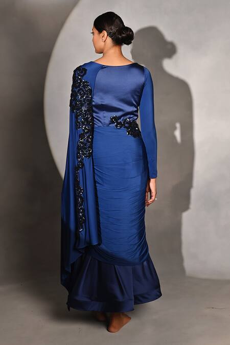 Jyoti Sachdev Iyer Sequins Embroidered Blue Draped Saree 