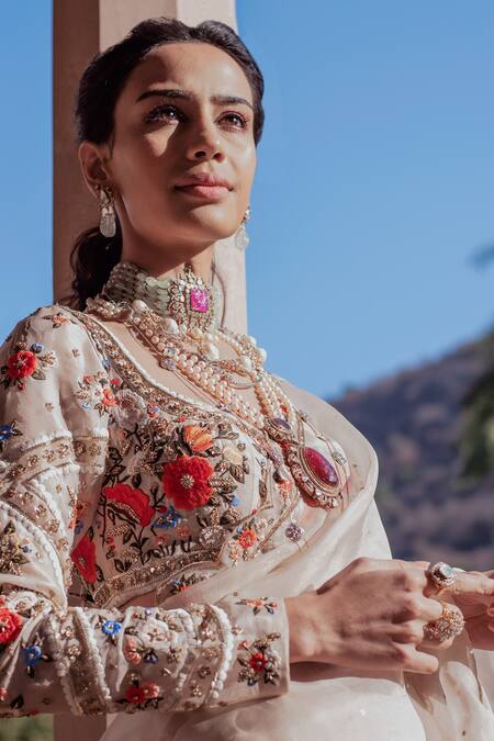 Sahil Kochhar Beige Organza Blouse Dupion U Neck Resham Saree Set Online at Aza Fashions Sahil Kochhar_Beige Organza Blouse Dupion U Neck Resham Saree Set _Online_at_Aza_Fashions