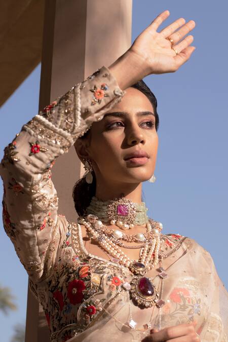 Buy Sahil Kochhar Beige Organza Blouse Dupion U Neck Resham Saree Set Online at Aza Fashions Buy_Sahil Kochhar_Beige Organza Blouse Dupion U Neck Resham Saree Set _Online_at_Aza_Fashions