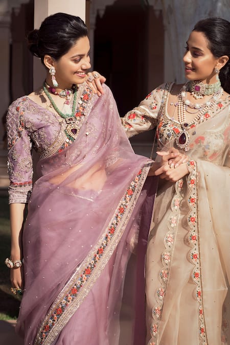 Sahil Kochhar Purple Organza Blouse V Neck Sadia Saree Set