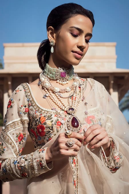 Shop Sahil Kochhar Beige Organza Blouse Dupion U Neck Resham Saree Set at Aza Fashions Shop_Sahil Kochhar_Beige Organza Blouse Dupion U Neck Resham Saree Set _at_Aza_Fashions